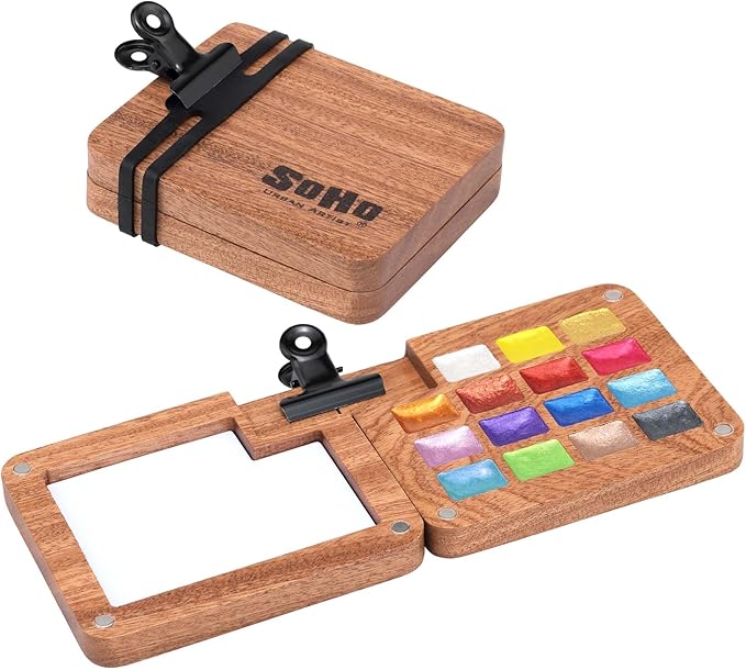 Soho Urban Artist Mini Wooden Travel Watercolor Palette of 15 Metallic Colors - Professional Watercolor Paint Set for Plein Air Artists, Semi-Moist Pans, Pocket