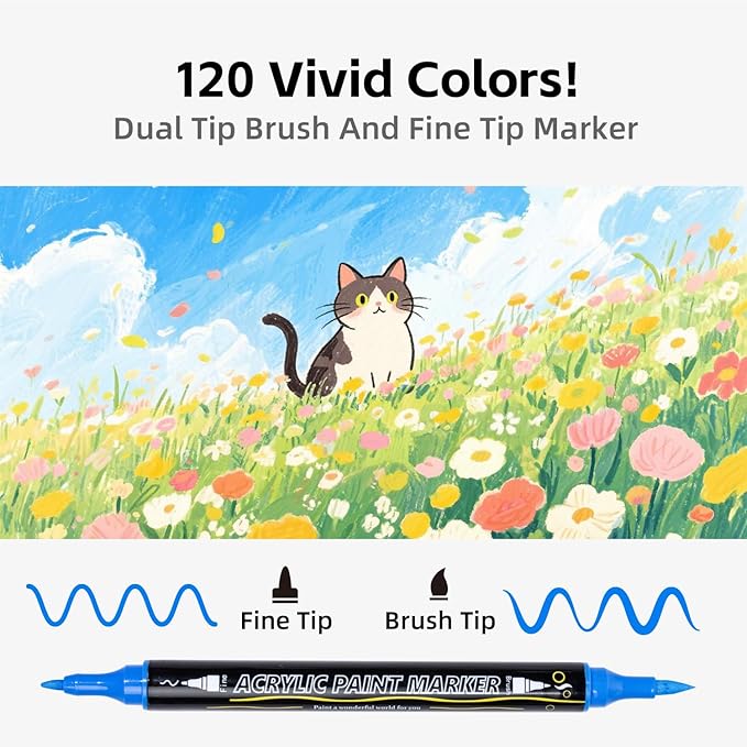 120 Colors Acrylic Paint Markers, Dual Tip with Fine Tip and Brush Tip Pens for Rock Painting Supplies, Canvas, Wood, Calligraphy, Metal, Ceramic, Glass, DIY Crafts Art Supplies Kit
