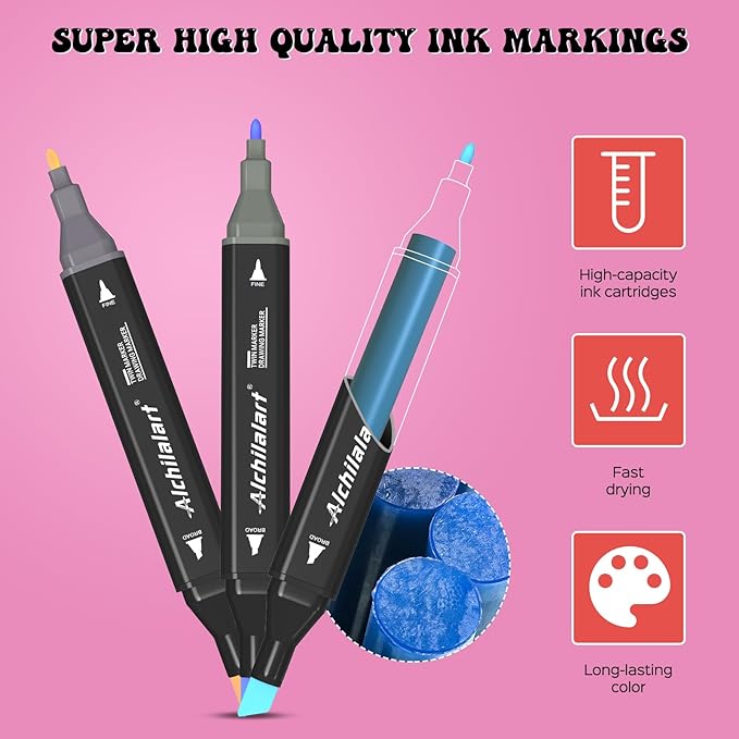 alchilalart 24 Colors Alcohol Based markers, Alcohol Markers Set, Dual Tip Alcohol Sketching Drawing Markers Animation for Adults Kids