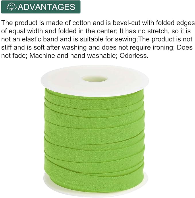 MECCANIXITY 2/5 Inch Double Fold Bias Tape Continuous Bulk Bias Tape for Sewing, Seaming Quilting Hemming Binding Crafts (Green 25 Yards)