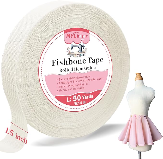 50 Yards Fishbone Rolled Hem Tape Ban Roll Tape for Sewing Narrow Hem Chiffon Fabric Rolled Hem Guide Edge Sewing Tool Fishbone Boning Lining Hemming Tape Sewing Accessories and Supplies