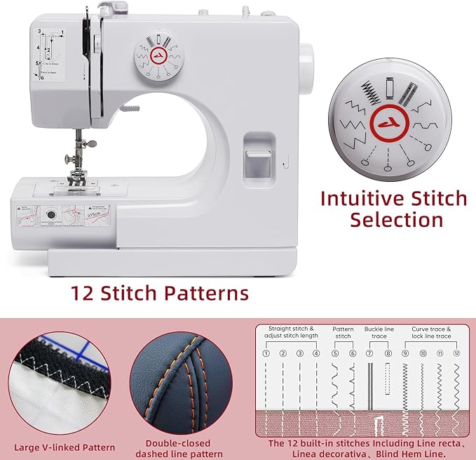 Portable Mini Sewing Machine for Beginners, Easy to Use with LED Light, 12 Built-in Stitches, 2 Speed with Foot Pedal, Reverse Sewing & 42-Piece Kit for Adults, Home, Travel, and Craft Projects