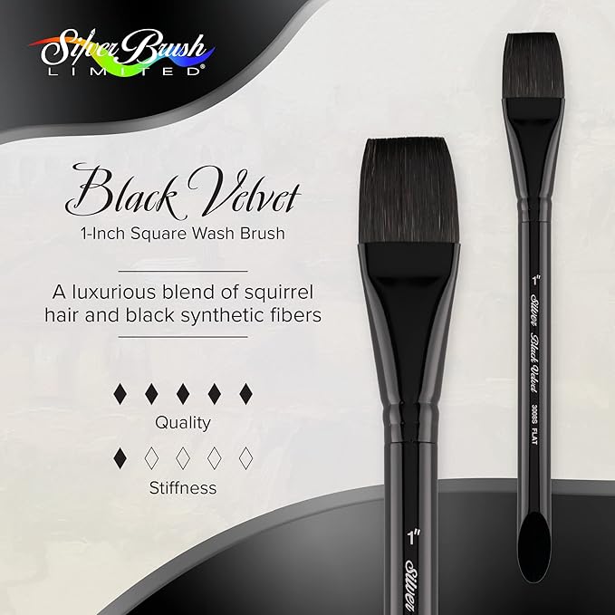 Silver Brush Limited 3008S-1 Black Velvet Square Wash Paintbrush for Watercolor, Gouache, Inks, & Dyes, Size 1 Inch, Short Handle