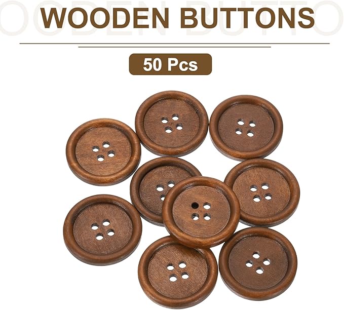 uxcell 50Pcs Wooden Buttons, 35mm(1 3/8") 4 Hole Round Wood Sewing Button Craft Flatback for Sewing DIY Craft Clothing, Brown
