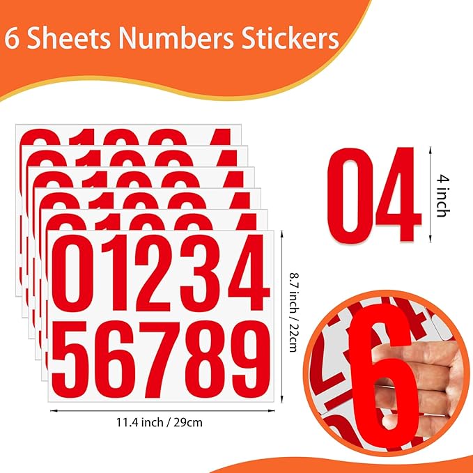 6 Sheets 4 Inch Mailbox Numbers Stickers Vinyl Decals,Self Adhesive Number Waterproof Large House Address Numbers for Outside Mailbox,Signs,Window,DIY Crafts Making,Door,Car,Home,Business(Red)
