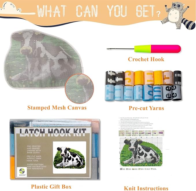 EMISTEM Latch Hook Kits for Adults - DIY Latch Hook Rug Kits, Crochet Kit for Beginners, Rug Making Kits with Printed Canvas, Gift Packaging. (Cow,21x16 inch)