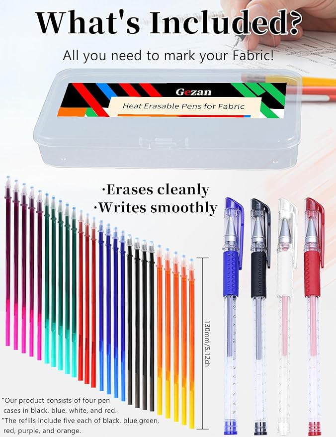 Gezan Heat Erasable Fabric Marking Pens for Sewing and Quilting Fabric Markers for Sewing with 3 Pens + 30 Refills Quilting Embroidery Supplies Sewing Accessories DIY Dressmaking Fabrics Tailors Pen