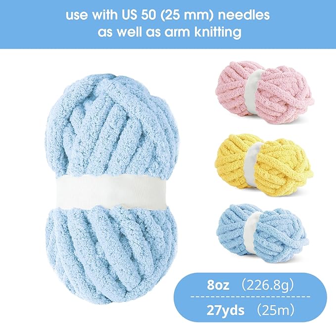 HOMBYS 12 Pack Chunky Yarn for Crocheting,Super Bulky Large Soft Fluffy Yarn,Plush Fuzzy Yarn,Thick Chenille Yarn for Hand Knitting/Arm Knitting,4 Pink,4 Buttercup,4 Sky Blue(Each 27yds,8 oz)