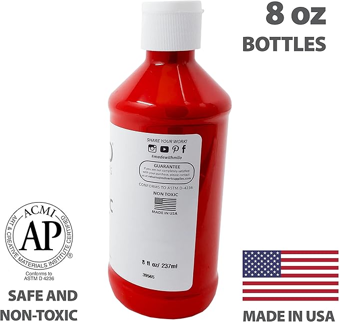 milo Acrylic Paint Set of 12 Colors | 8 oz Bottles | Student Primary Colors Acrylics Painting Pack | Made in the USA | Non-Toxic Arts & Crafts Paints for Artists & Hobby Painters