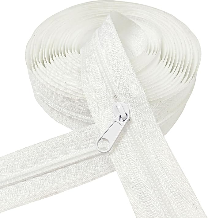 MebuZip #3 Nylon Coil Zippers by The Yard Bulk Zipper Roll Zipper Tape 10 Yards with 25pcs Pulls for Sewing Tailor DIY Craft Bags Pillows (White 10Yards)