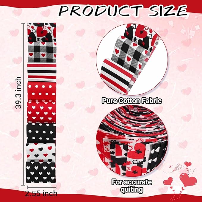 40 Pcs Red Black Love Heart Cotton Fabric Strips Polka Dots Stripes Plaid Mother's Day Fabric Bundles Strips for Quilting Crafting Precut Patchwork for Gift Sewing DIY Crafts