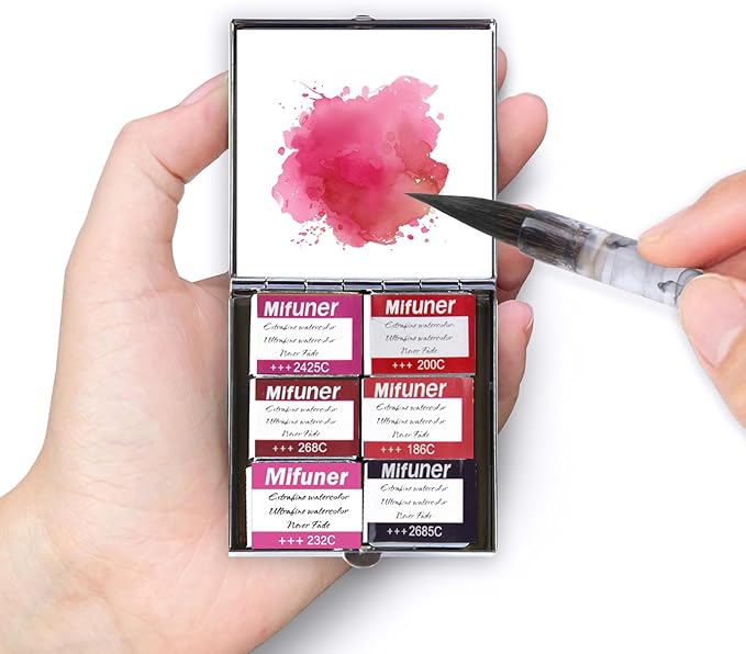 Mini Portable Handmade Artist Watercolor Paint Travel Metallic Box Set with 6 Solid Watercolor Half Pans (Each Capacity Approx 1.5ml).Mix Color 08