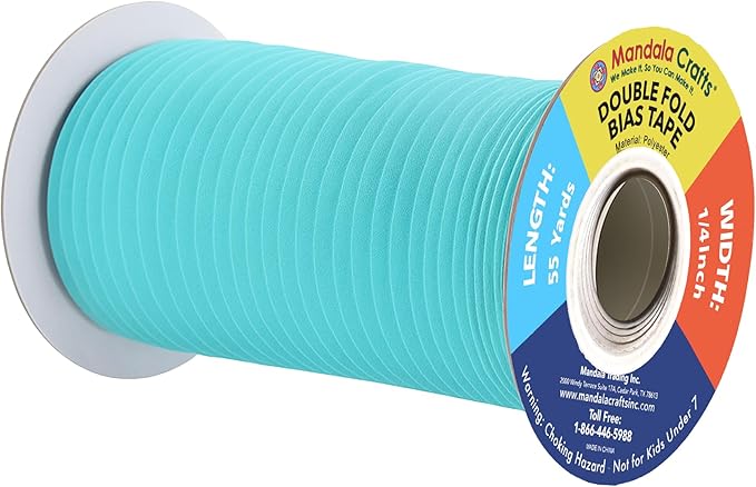 Mandala Crafts 55 Yards 1/4 Inch Aquamarine Double Fold Bias Tape for Sewing - Bias Binding Tape for Quilting Binding, Hemming, Seam, and Fabric Piping