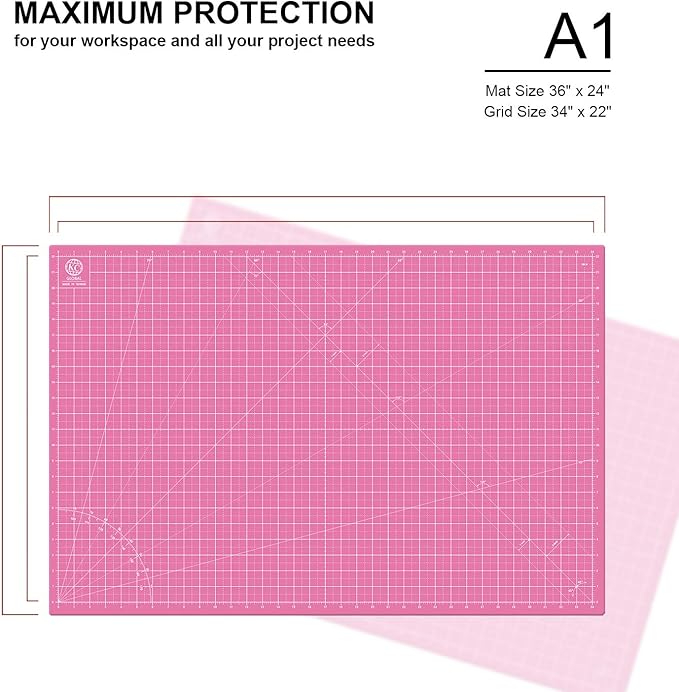 KC GLOBAL A1 (36"x24") Self-Healing Cutting Mat (Pink) - Sturdy, Reversible, Eco-Friendly, Non-Slip. Premium Desk Mat for Crafters, Quilters, and Hobbyist