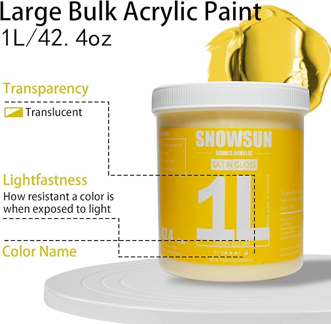 SNOWSUN Lemon Yellow Acrylic Paint, Large Bulk Heavy Body Acrylic Paint ( 1L，About a quarter of a gallon) - Non Toxic Gloss Thick Art Paint for Multi-Surface, Canvas Wood Ceramic and Leather, Stone Craft, for Artists & Beginners