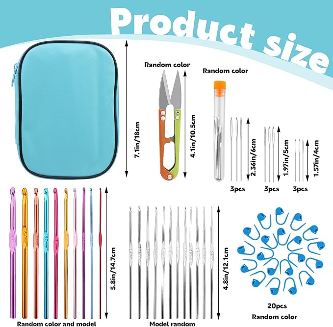 IMZAY 54 Pcs Crochet Needles Set, Crochet Hooks Kit with Storage Case, Ergonomic Knitting Blunt Needles Stitch Marker DIY Hand Knitting Craft Art Tools for Beginners(Blue)