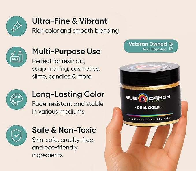 Eye Candy Pigments Premium Gold Mica Powder - Oria Gold (50gr) - for Epoxy, Resin, Soap, Paint, Woodworking, Acrylic Pouring, Bath Bombs, Fishing Lures - DIY Arts and Crafts Additive