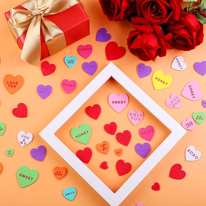 Fovths 500 Pieces Valentine Heart Foam Stickers Glitter Self-Adhesive Heart Shape Stickers Conversation Stickers for Greeting Cards, DIY Scrapbooking, Arts Craft Supplies, Assorted Sizes