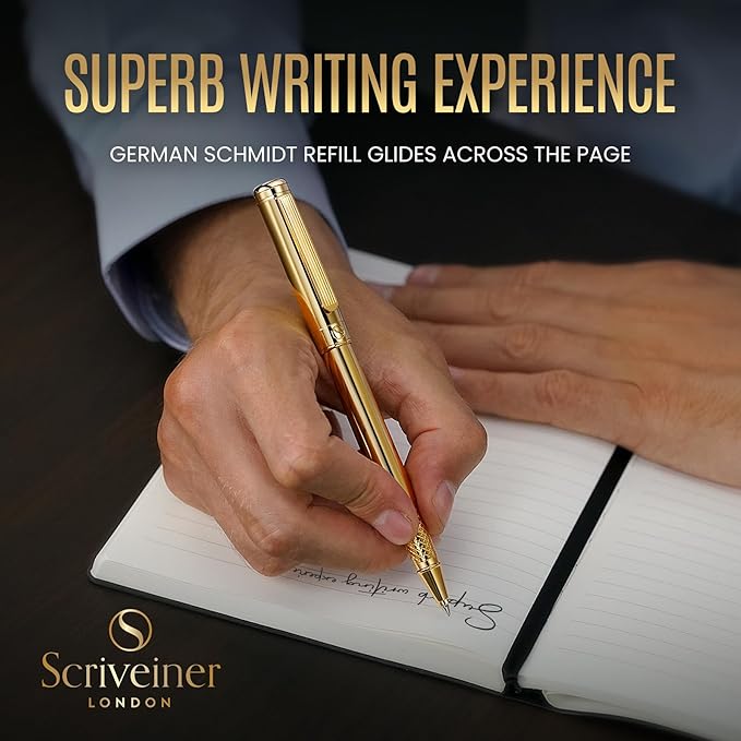 Scriveiner Gold Rollerball Pen - Stunning Luxury Pen, Real Gold Plating, Schmidt Ink Refill, Best Roller Ball Pen Gift Set for Men & Women, Professional, Executive Office, Nice Pens
