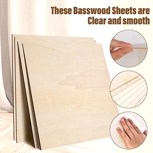 24 Pack Basswood Sheets 1/8, 3 mm Basswood for Laser Cutting, 12X12 Inches Unfinished Wood Sheets for Engraving/Crafts/DIY/Architectural Models/Drawing