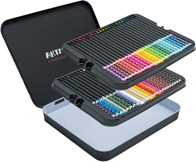 Black Wood Professional Colored Pencils Set, Oil-Based, 4mm Soft Core for Artists, Drawing, Sketching, Shading, Blending, Layering, Adult Coloring Books, Pre-Sharpened in Metal Tin Box (48 Colors)