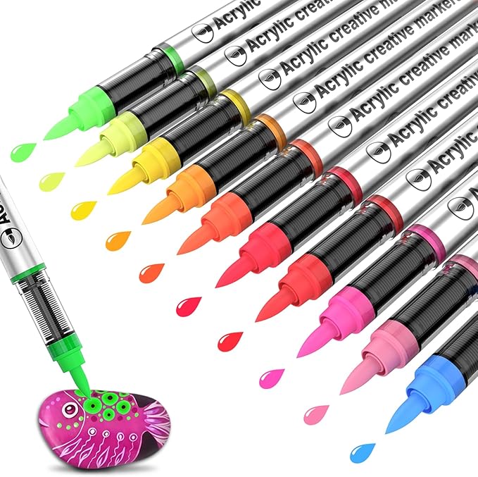 10 Color Acrylic Paint Markers Brush Tip, Waterproof, No-Bleed Ink with Automatic Ink Control, Premium Paint Pens for Rock, Wood, Canvas, Glass, Fabric for Professional and Adult Artists