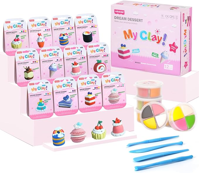 Air Dry Clay Kit, Modeling Magic Clay for Kids,12 Desserts DIY Sculpting Set, Ultra Light & Soft, Safe Art Crafts Set for School Projects, Home Crafts,Party Activities, Gifts for Boys & Girls