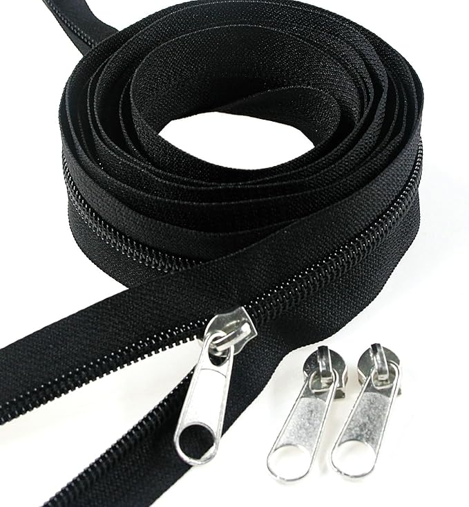 Leekayer #5 Black Nylon Coil Zippers by The Yard Bulk 10 Yards with 25pcs Silver Sliders for DIY Sewing Tailor Craft Bag(Black)