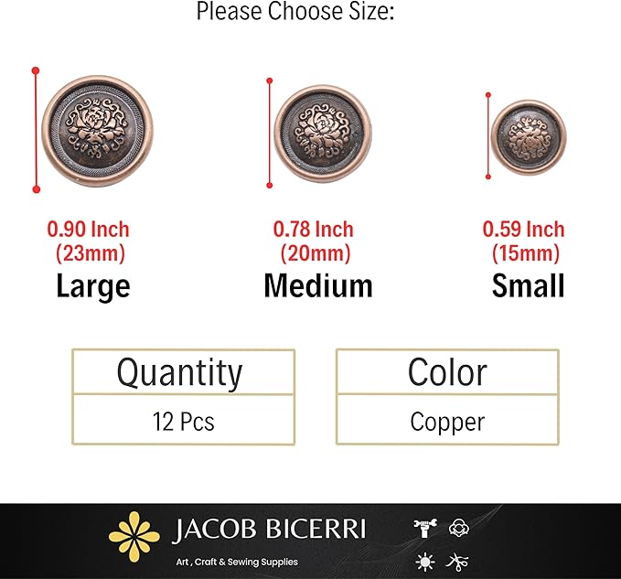 Antique Copper Metal Shank Buttons - 12 Pcs - 3 Size Options - Floral Round Metal Shank Buttons Vintage for Men Women Blazer Coat Uniform Shirt Suit and Jacket Sewing Craft DIY N20703