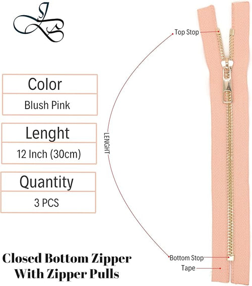 #5 Gold Metal Zipper - 50+ Colors - 3 PCS - (4-14 inches) Sizes - Luxury Lightweight Handcraft Metal Zippers with pulls for Purses Bags Pockets Shoes Sewing & Crafts DIY ZP021912