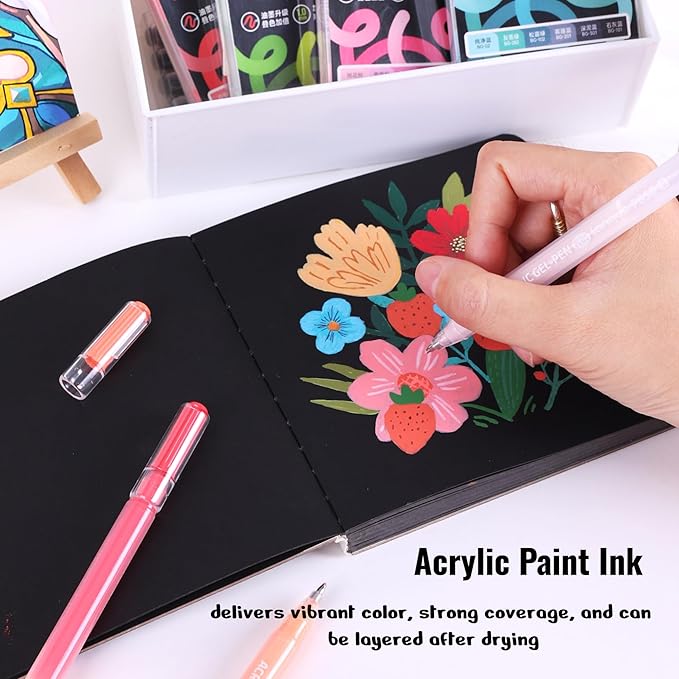 Acrylic Painting Gel Pens 90 Colors with 1mm Bullet Tip, Color Gel Pens for Adult Drawing, Coloring, Sketching, Journaling, DIY, Acrylic Ink Pen for Black Paper, Rock, Glass, School and Art Supplies