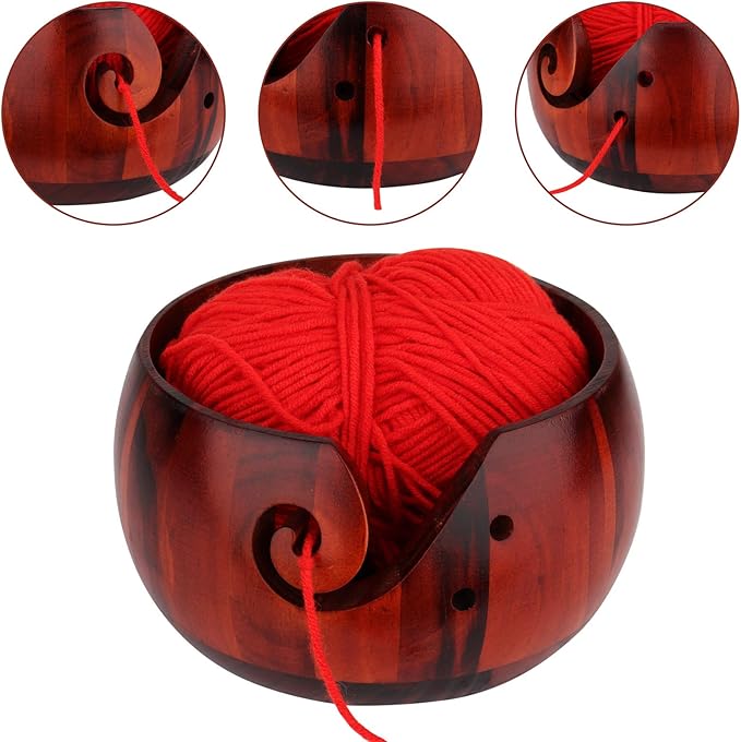 Coopay Wool Yarn Bowl Rosewood, Handmade Wooden Yarn Storage Bowl with Holes, Knitting Wool Storage Bowl Round - Ideal Knitting Crochet Accessories for Knitters