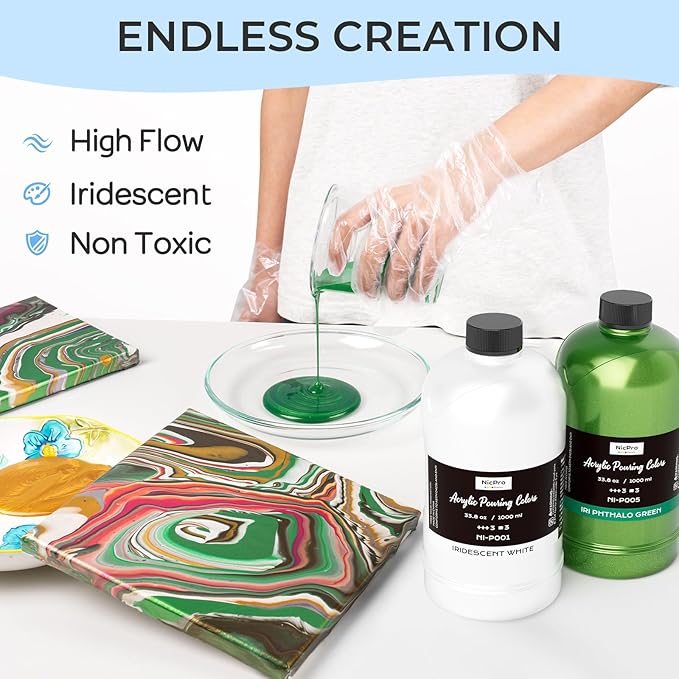 Nicpro 8 Colors 33.8 oz Large Bulk Iridescent Acrylic Pouring Paint Supplies Kit, Premixed High Flow Art Pour Paint with Silicone Pour Oil, Gloves, Tablecloths for Beginner DIY, Ready to Pour