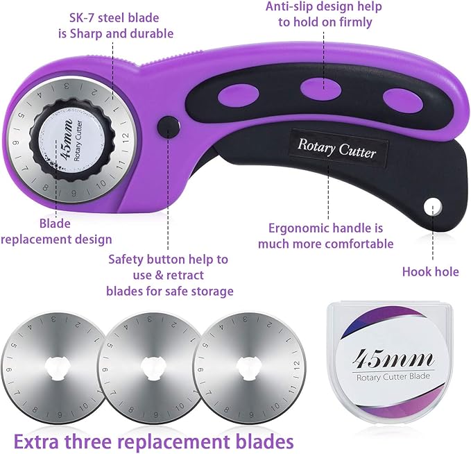 Nicecho Rotary Cutter Set,Sewing Quilting Supplies,45mm Fabric Cutters,A3 Cutting Mat for Sewing,Acrylic Rulers,Scissors,Exacto Knife,Clips,Beginners Sewing Accessories,Fabric Cutter Kit