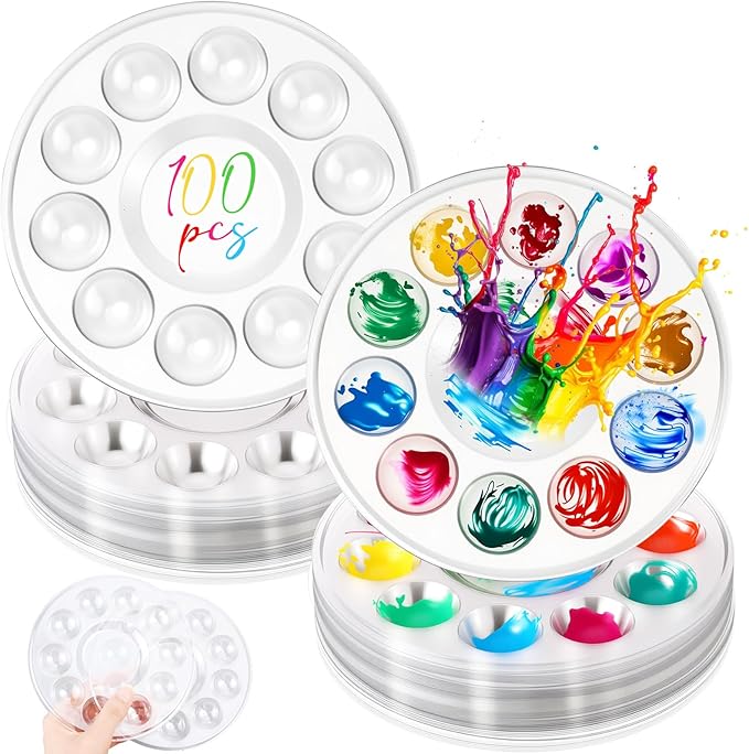 100 Pcs Paint Tray Palettes 5.5 in Clear Disposable Round Plastic Paint Palette Watercolor Craft Supplies for Art Class, Halloween Painting Party, DIY Craft, Birthday Party
