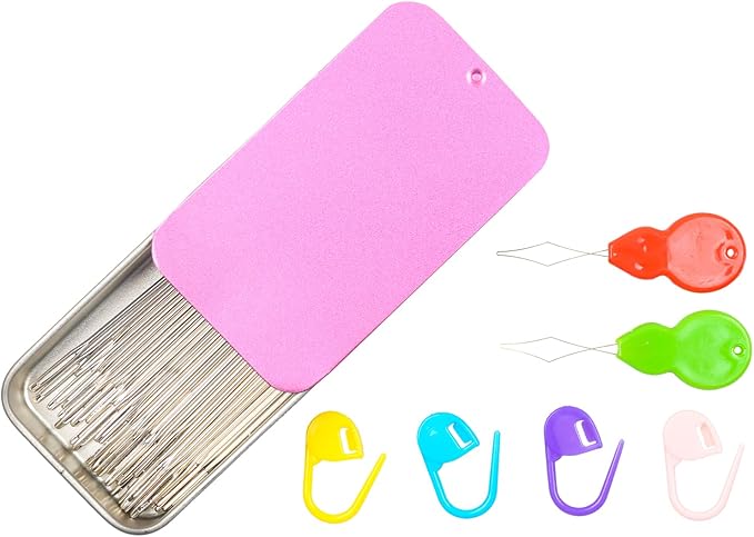 40/80PCS Large Eye Sewing Needles, 8 Sizes Hand Sewing Sharp Needles, Embroidery Needle, Leather Needle,Stainless Steel Yarn Needles with Threaders & Stitch Markers (Rosy Purple 80pcs)
