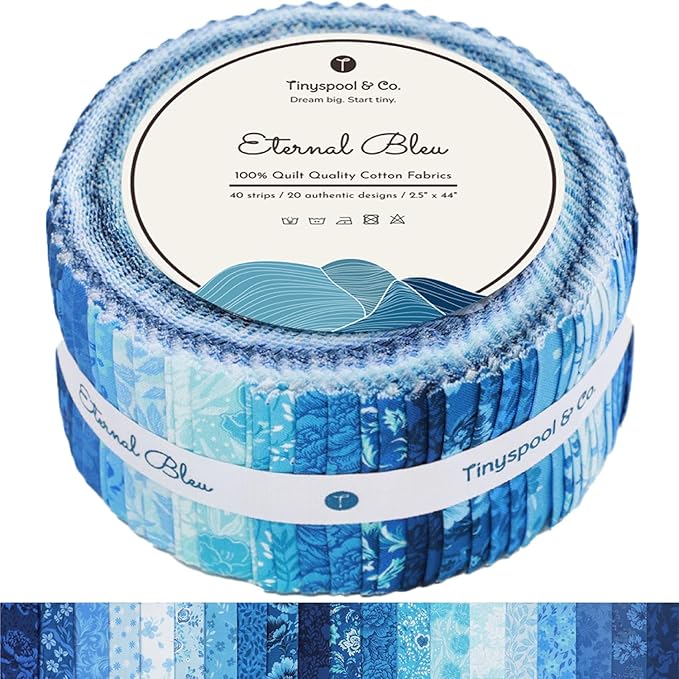 Tinyspool & Co. Quilting Bundle – Eternal Bleu Jelly Roll + 3-Yard Fabric for Each Print: No.9 – Oriental Blue, No.14 – Summer Blue, No.15 – Baby Blue