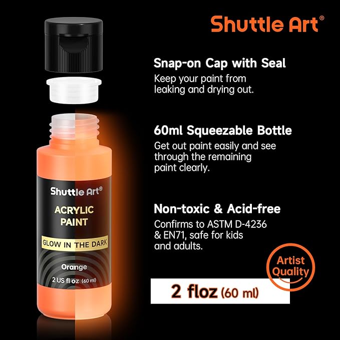 Shuttle Art Glow in the Dark Paint, 12 Colors with UV Light, 2oz/60ml Bottles, Ideal for Art Painting and Crafts, Great for Artists, Beginners on Rocks, Wood, Canvas, Fabric, and Halloween Decorations