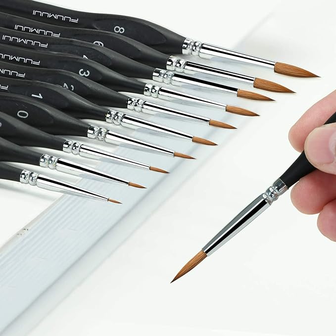 Kolinsky Sable Watercolor Brushes, 10pcs Sable Detail Paint Brush Set Will Keep a Fine Tip Point and Spring for Watercolor Acrylic Gouache, Miniature, Nail Art & Models