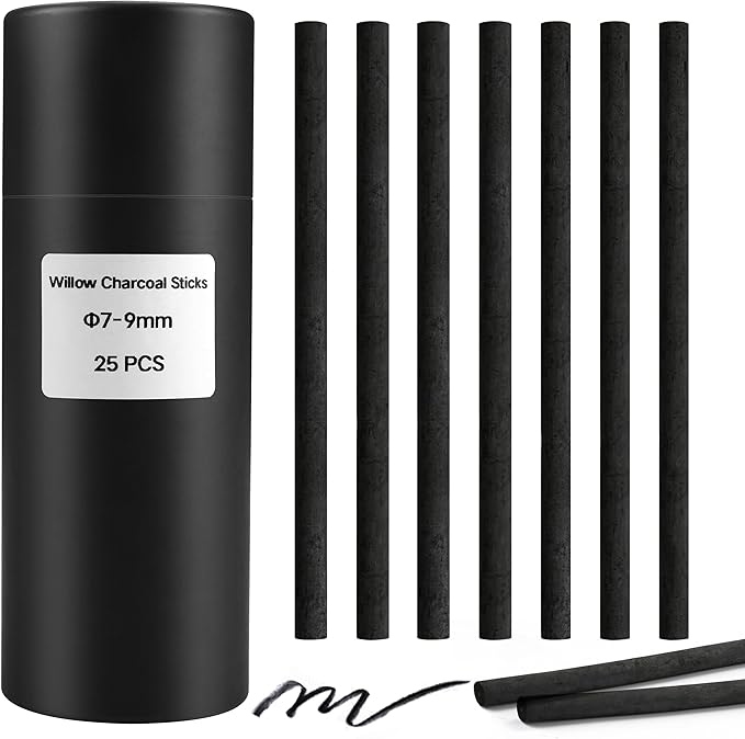 Willow Charcoal Sticks, Natural Willow Charcoal Pencils for Artists, Beginners, Students, Great for Sketching, Drawing, and Shading, Pack of 25 (7-9, Millimeters)
