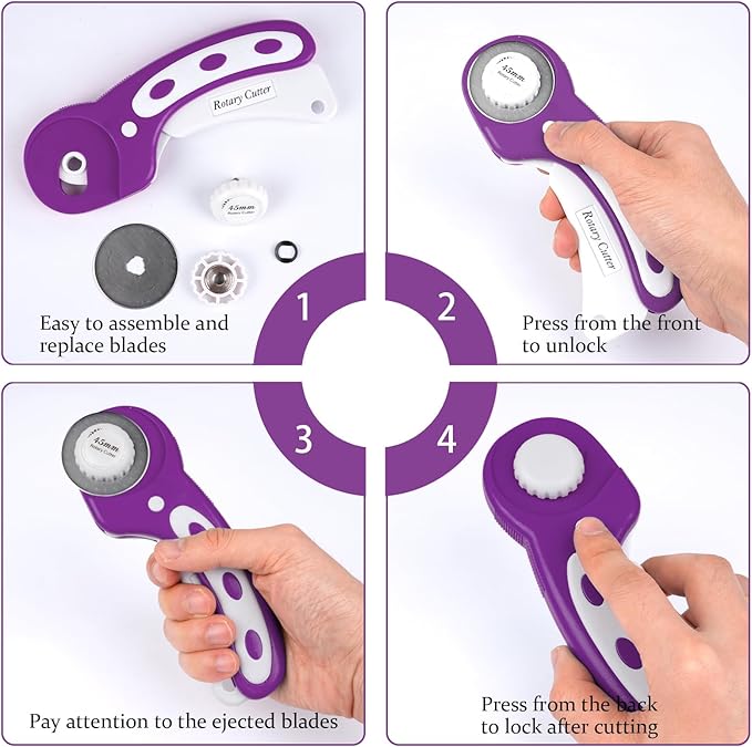 45mm Rotary Cutter for Fabric, Fabric Cutters with 5pcs Extra Rotary Blades, Roller Cutter Set for Sewing, Quilting, Leather & Craft Projects (Purple)