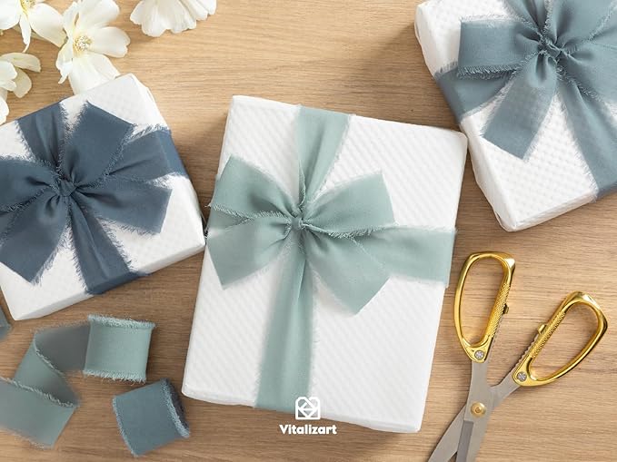 Vitalizart Dusty Blue Handmade Chiffon Silk Ribbon Fringe 1.5" x 21 Yd Frayed Edges Ribbons for Wedding Invitations Bridal Bouquets Gifts Wrapping Crafts Holiday Party Decorations