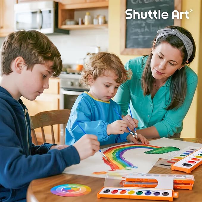 Shuttle Art 24 Pack Watercolor Paint Set, 8 Colors with Paint Brushes & Color Wheels, Washable for Kids & Adults, Suitable for Classroom, Parties, Kindergarten & Art Activities