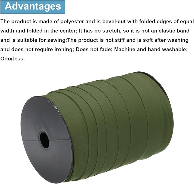 MECCANIXITY 1 Inch Double Fold Bias Tape Polyester Continuous Bulk Bias Tape for Sewing,Seaming Quilting Hemming Binding Crafts (Dark Green 55 Yards)
