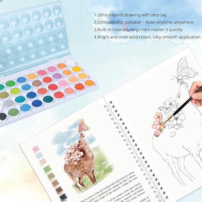 Watercolor Workbook Coloring Books 36 Colors Beginner Friendly Painting Kit, Portable Watercolor Paint Set with 2 Brush,Art Supplies for Painting Travel Gift