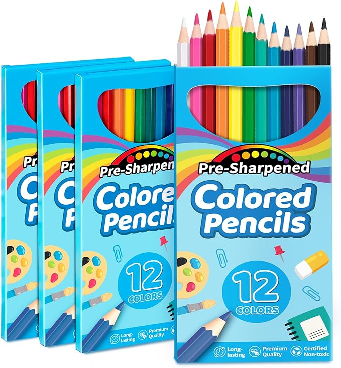 V-Opitos 48 Count Colored Pencils, 4 Packs Pre-sharpened Coloring Pencils for Kids in 12 Colors, Bulk School Supplies for Teachers, Ideal Back to School Supplies & Classroom Prizes