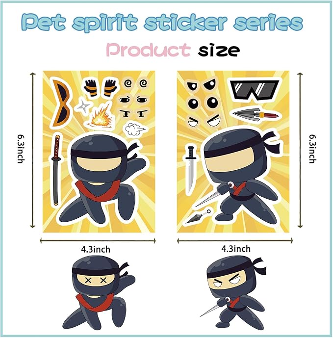 24 Sheets Ninja Face Stickers Set – Mix and Match Cartoon Ninja Expressions and Accessories – DIY Make a Face Sticker Pack for Scrapbooking, Party Favors, Journaling, Craft Supplies