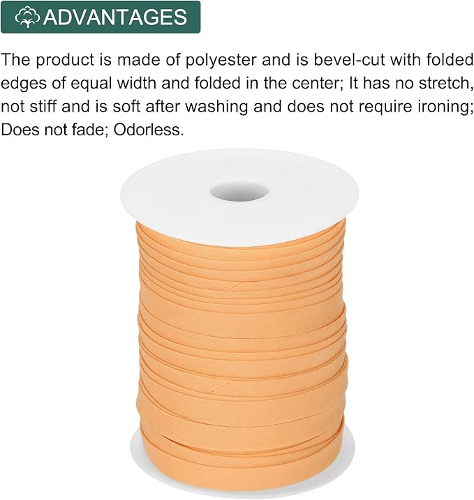 MECCANIXITY 2/5 Inch Double Fold Bias Tape Polyester Continuous Bulk Bias Tape for Sewing,Seaming Quilting Hemming Binding Crafts (Apricot 55 Yards)