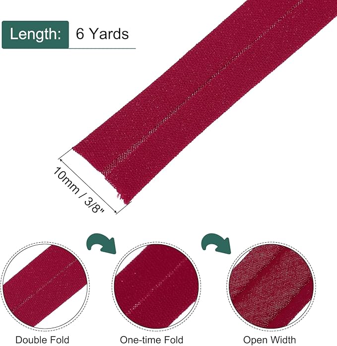 MECCANIXITY 2/5 Inch Double Fold Bias Tape Cotton Continuous Bulk Bias Tape for Sewing,Seaming Quilting Hemming Binding Crafts (Dark Red 6 Yards)