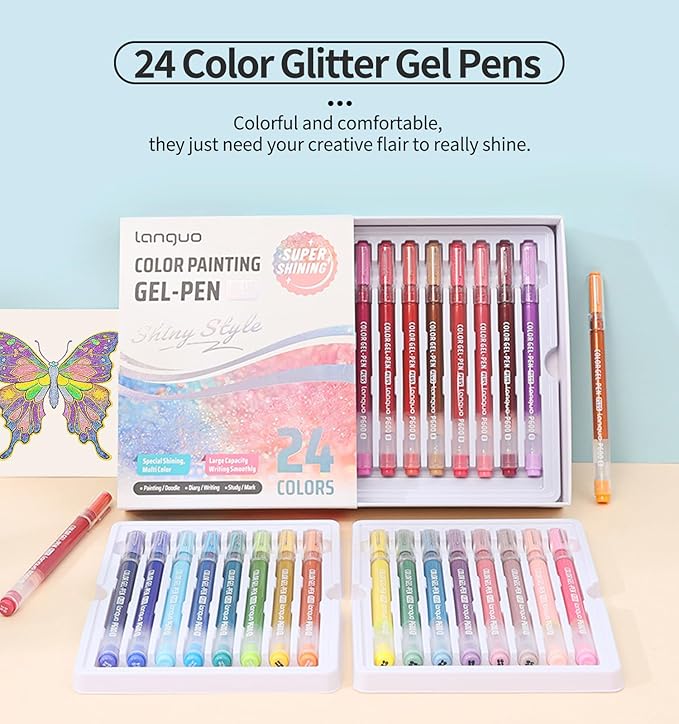 Glitter Gel Pens, 24 Pack Colored Pens for Black Paper & White Paper, 1.0mm Point Pens, Large Capacity Ink Pens for Coloring, Writing, Drawing, Journaling, Note Taking, Office, Home